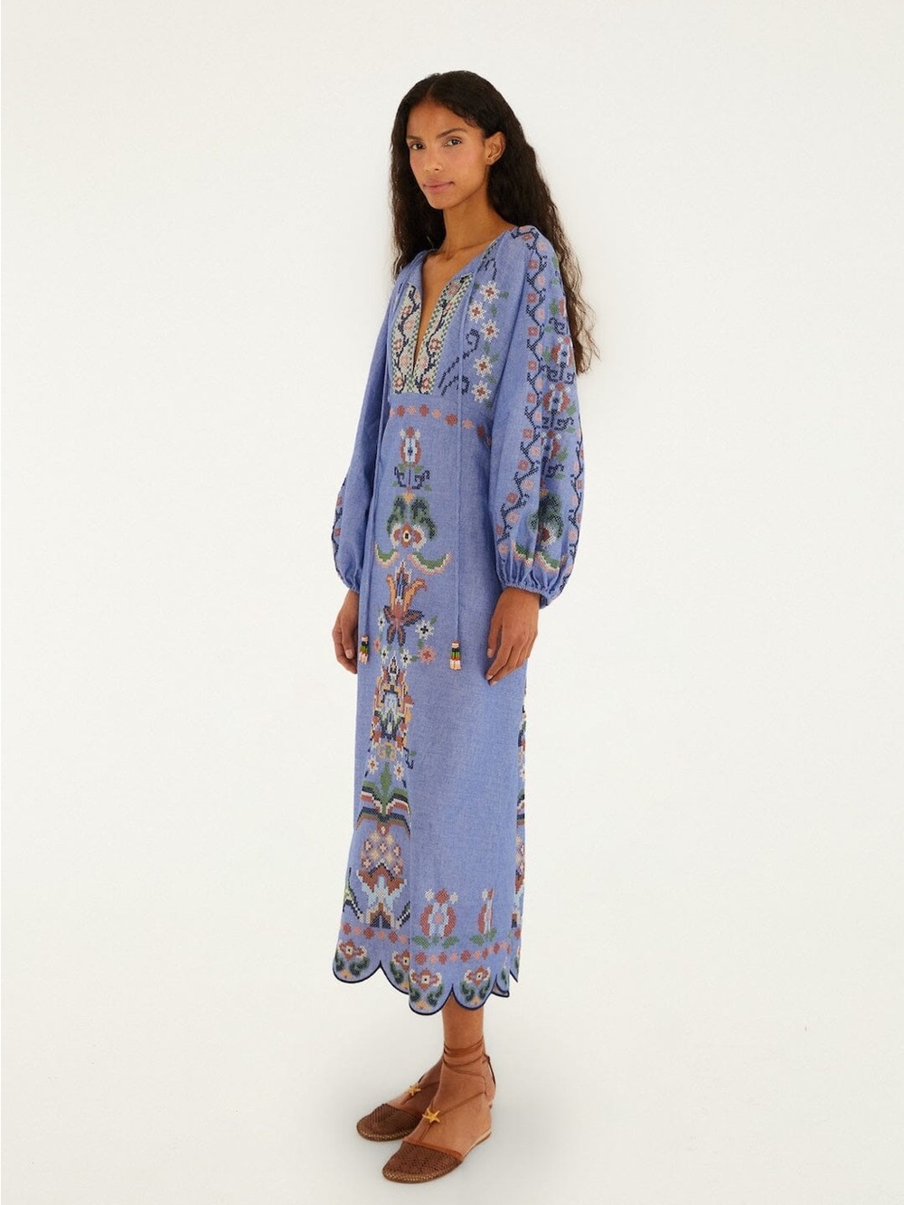 Farm Rio: GARDEN TAPESTRY BLUE
EMBROIDERY LONG SLEEVE MIDI Dress
